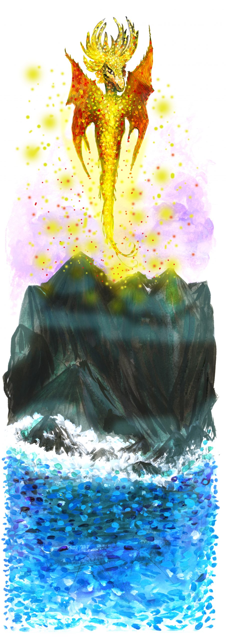 hand-drawn image of a dragon, appearing out of a mountain near sea waters