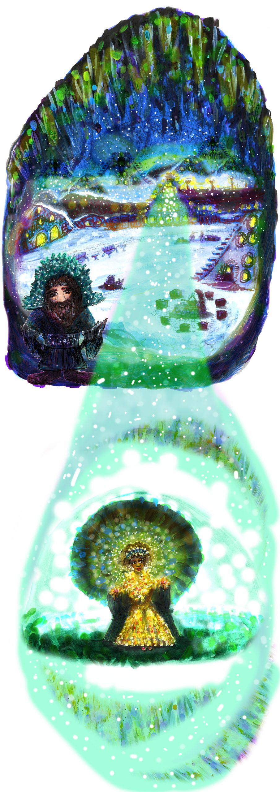 Hand-drawn image of the dwarves in a wintery setting and with a image of their queen