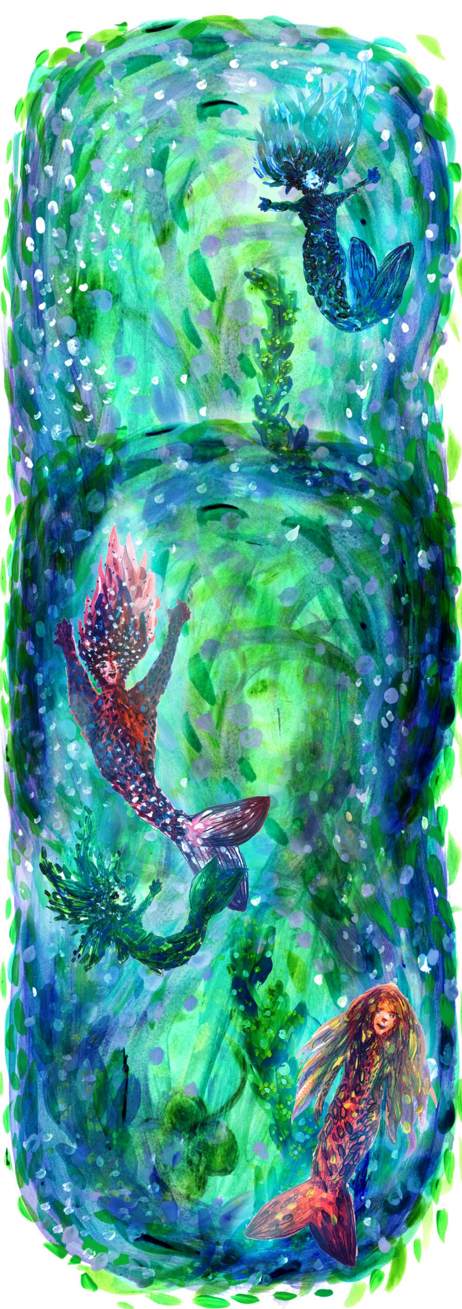 hand-drawn image of merpeople floating under the sea surrounded by kelp
