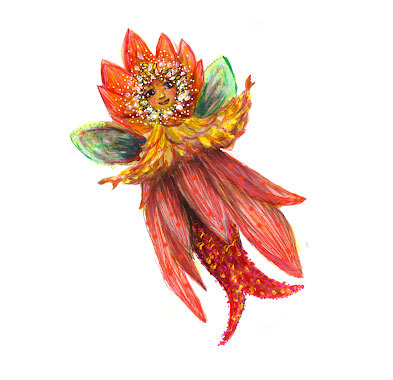 hand-drawn image of a fairy dressed in red