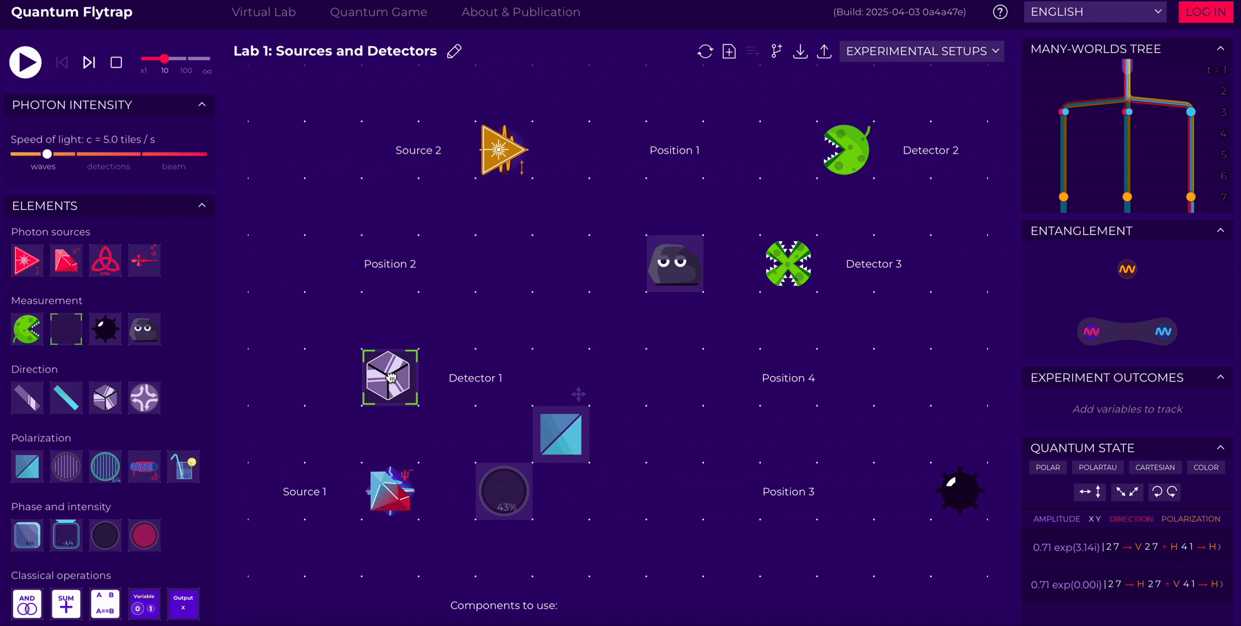 preview of the mission 1 lab: it contains two laser lights, 4 detectors, one cristal, and 4 components to place (corner cube mirror, beam splitter, filter, stone)