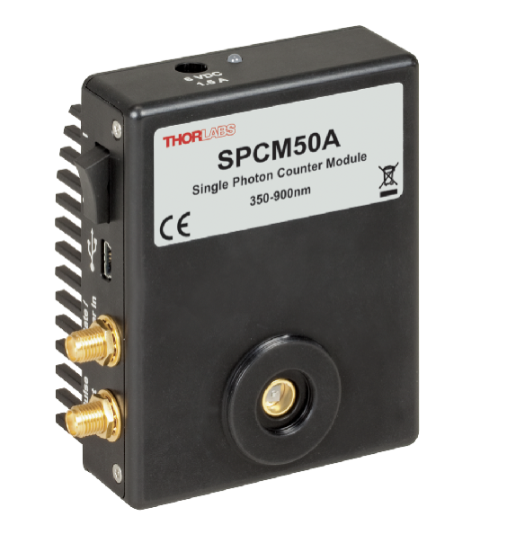 This is a black eletronic box, with several inputs and outputs for cables, and labelled Single Photon Counter Module 350-900 nm by Thorlabs
